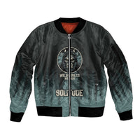 Bigfoot Wilderness Solitude Sleeve Zip Bomber Jacket Cryptid Forest Graphic In Distressed Vintage Style