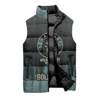 Bigfoot Wilderness Solitude Sleeveless Puffer Jacket Cryptid Forest Graphic In Distressed Vintage Style