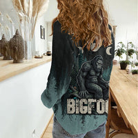 Bigfoot Wilderness Solitude Women Casual Shirt Cryptid Forest Graphic In Distressed Vintage Style