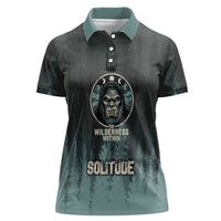 Bigfoot Wilderness Solitude Women Polo Shirt Cryptid Forest Graphic In Distressed Vintage Style
