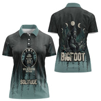 Bigfoot Wilderness Solitude Women Polo Shirt Cryptid Forest Graphic In Distressed Vintage Style