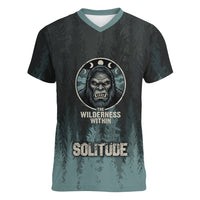 Bigfoot Wilderness Solitude Women V-Neck T-Shirt Cryptid Forest Graphic In Distressed Vintage Style