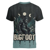 Bigfoot Wilderness Solitude Women V-Neck T-Shirt Cryptid Forest Graphic In Distressed Vintage Style