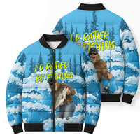 Bigfoot Sasquatch I'd Rather Be Fishing Bomber Puffer Jacket Funny Angler Humorous Outdoors Graphic Art