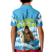 Bigfoot Sasquatch I'd Rather Be Fishing Kid Polo Shirt Funny Angler Humorous Outdoors Graphic Art