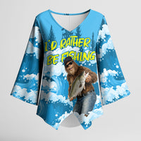 Bigfoot Sasquatch I'd Rather Be Fishing Kimono Sleeve Blouse Funny Angler Humorous Outdoors Graphic Art