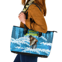 Bigfoot Sasquatch I'd Rather Be Fishing Leather Tote Bag Funny Angler Humorous Outdoors Graphic Art