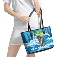 Bigfoot Sasquatch I'd Rather Be Fishing Leather Tote Bag Funny Angler Humorous Outdoors Graphic Art