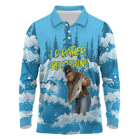 Bigfoot Sasquatch I'd Rather Be Fishing Long Sleeve Polo Shirt Funny Angler Humorous Outdoors Graphic Art