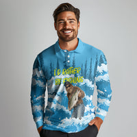 Bigfoot Sasquatch I'd Rather Be Fishing Long Sleeve Polo Shirt Funny Angler Humorous Outdoors Graphic Art