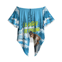 Bigfoot Sasquatch I'd Rather Be Fishing Off Shoulder Wrap Waist Top Funny Angler Humorous Outdoors Graphic Art