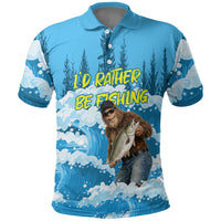 Bigfoot Sasquatch I'd Rather Be Fishing Polo Shirt Funny Angler Humorous Outdoors Graphic Art