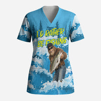 Bigfoot Sasquatch I'd Rather Be Fishing Scrub Top Funny Angler Humorous Outdoors Graphic Art