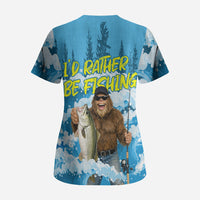 Bigfoot Sasquatch I'd Rather Be Fishing Scrub Top Funny Angler Humorous Outdoors Graphic Art