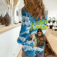 Bigfoot Sasquatch I'd Rather Be Fishing Women Casual Shirt Funny Angler Humorous Outdoors Graphic Art