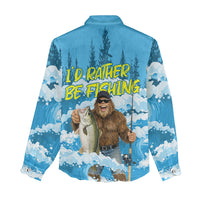 Bigfoot Sasquatch I'd Rather Be Fishing Women Casual Shirt Funny Angler Humorous Outdoors Graphic Art