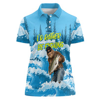 Bigfoot Sasquatch I'd Rather Be Fishing Women Polo Shirt Funny Angler Humorous Outdoors Graphic Art