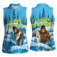 Bigfoot Sasquatch I'd Rather Be Fishing Women Sleeveless Polo Shirt Funny Angler Humorous Outdoors Graphic Art