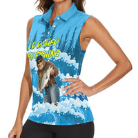 Bigfoot Sasquatch I'd Rather Be Fishing Women Sleeveless Polo Shirt Funny Angler Humorous Outdoors Graphic Art