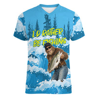 Bigfoot Sasquatch I'd Rather Be Fishing Women V-Neck T-Shirt Funny Angler Humorous Outdoors Graphic Art