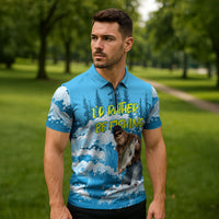Bigfoot Sasquatch I'd Rather Be Fishing Zipper Polo Shirt Funny Angler Humorous Outdoors Graphic Art