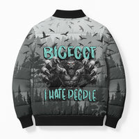 Bigfoot Stay Wild I Hate People Bomber Puffer Jacket Angry Sasquatch Distressed Forest Dark Fantasy