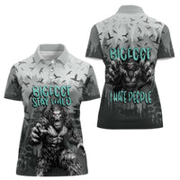 Bigfoot Stay Wild I Hate People Women Polo Shirt Angry Sasquatch Distressed Forest Dark Fantasy