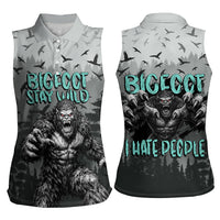 Bigfoot Stay Wild I Hate People Women Sleeveless Polo Shirt Angry Sasquatch Distressed Forest Dark Fantasy