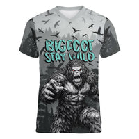 Bigfoot Stay Wild I Hate People Women V-Neck T-Shirt Angry Sasquatch Distressed Forest Dark Fantasy