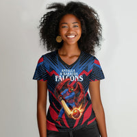 Personalized Antigua And Barbuda Cricket Falcons Women V-Neck T-Shirt Abstract Hexagon Pattern Sport