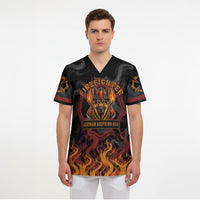 Firefighter German Shepherd Dad Scrub Top Vintage Fire Flames Sunset City Skyline - Always By My Side