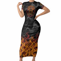 Firefighter German Shepherd Dad Short Sleeve Bodycon Dress Vintage Fire Flames Sunset City Skyline - Always By My Side