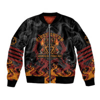Firefighter German Shepherd Dad Sleeve Zip Bomber Jacket Vintage Fire Flames Sunset City Skyline - Always By My Side