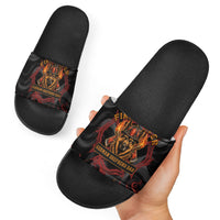 Firefighter German Shepherd Dad Slide Sandals Vintage Fire Flames Sunset City Skyline - Always By My Side
