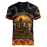 Firefighter German Shepherd Dad Women V-Neck T-Shirt Vintage Fire Flames Sunset City Skyline - Always By My Side