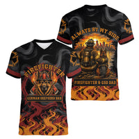 Firefighter German Shepherd Dad Women V-Neck T-Shirt Vintage Fire Flames Sunset City Skyline - Always By My Side