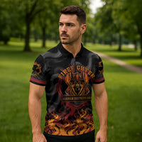 Firefighter German Shepherd Dad Zipper Polo Shirt Vintage Fire Flames Sunset City Skyline - Always By My Side