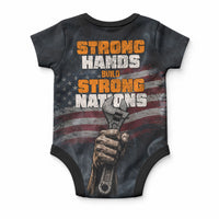 Labor Day Baby Onesie Strong Hands Build Nations Patriotic Grunge Tools