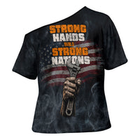 Labor Day Cross Shoulder Shirt Strong Hands Build Nations Patriotic Grunge Tools