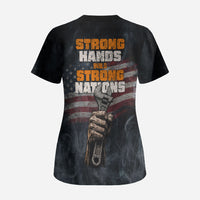 Labor Day Scrub Top Strong Hands Build Nations Patriotic Grunge Tools