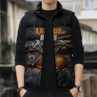 Labor Day Sleeveless Puffer Jacket Strong Hands Build Nations Patriotic Grunge Tools