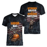 Labor Day Women V-Neck T-Shirt Strong Hands Build Nations Patriotic Grunge Tools