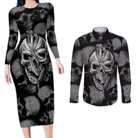 Skull Pattern Couples Matching Long Sleeve Bodycon Dress and Long Sleeve Button Shirts I'm Never Alone - My Demon Are With Me 24/7 - Wonder Print Shop
