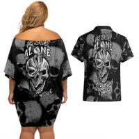 Skull Pattern Couples Matching Off Shoulder Short Dress and Hawaiian Shirt I'm Never Alone - My Demon Are With Me 24/7 - Wonder Print Shop