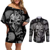 Skull Pattern Couples Matching Off Shoulder Short Dress and Long Sleeve Button Shirts I'm Never Alone - My Demon Are With Me 24/7 - Wonder Print Shop