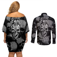 Skull Pattern Couples Matching Off Shoulder Short Dress and Long Sleeve Button Shirts I'm Never Alone - My Demon Are With Me 24/7 - Wonder Print Shop