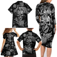 Skull Pattern Family Matching Long Sleeve Bodycon Dress and Hawaiian Shirt I'm Never Alone - My Demon Are With Me 24/7 - Wonder Print Shop