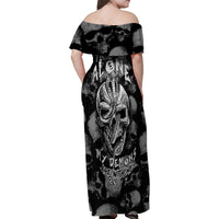 Skull Pattern Family Matching Off Shoulder Maxi Dress and Hawaiian Shirt I'm Never Alone - My Demon Are With Me 24/7 - Wonder Print Shop