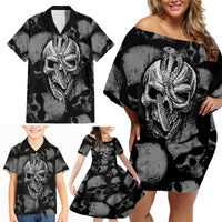 Skull Pattern Family Matching Off Shoulder Short Dress and Hawaiian Shirt I'm Never Alone - My Demon Are With Me 24/7 - Wonder Print Shop