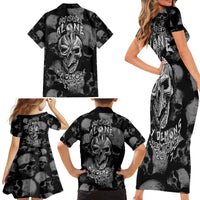 Skull Pattern Family Matching Short Sleeve Bodycon Dress and Hawaiian Shirt I'm Never Alone - My Demon Are With Me 24/7 - Wonder Print Shop